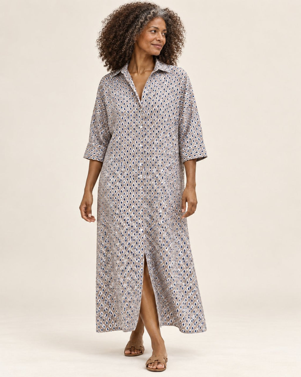 Anneliese | Langes Hemdblusenkleid mit geometrischem Muster
