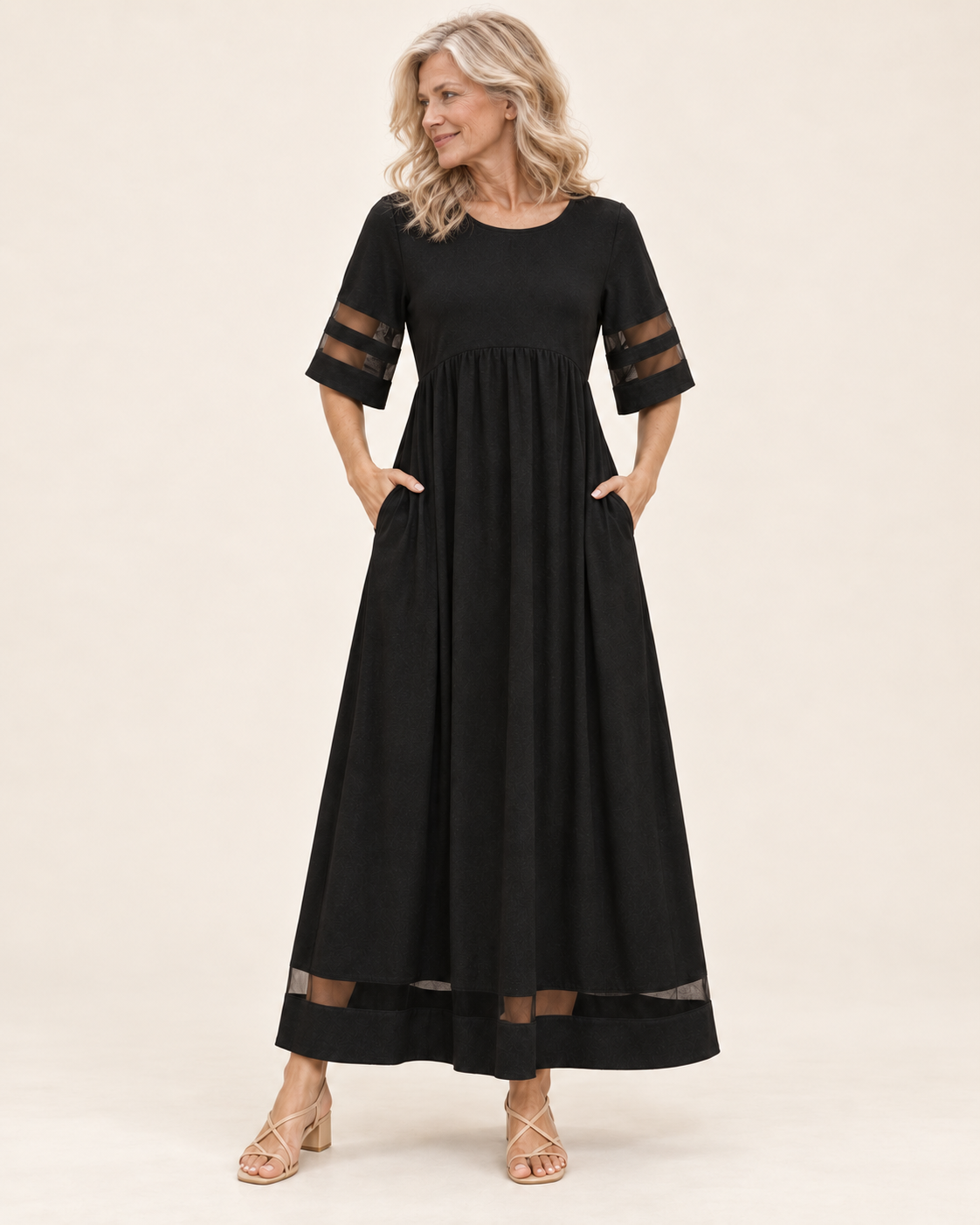 Karla | Kleid mit Rundhalsausschnitt und Netzeinsätzen – Valtor Modell F65