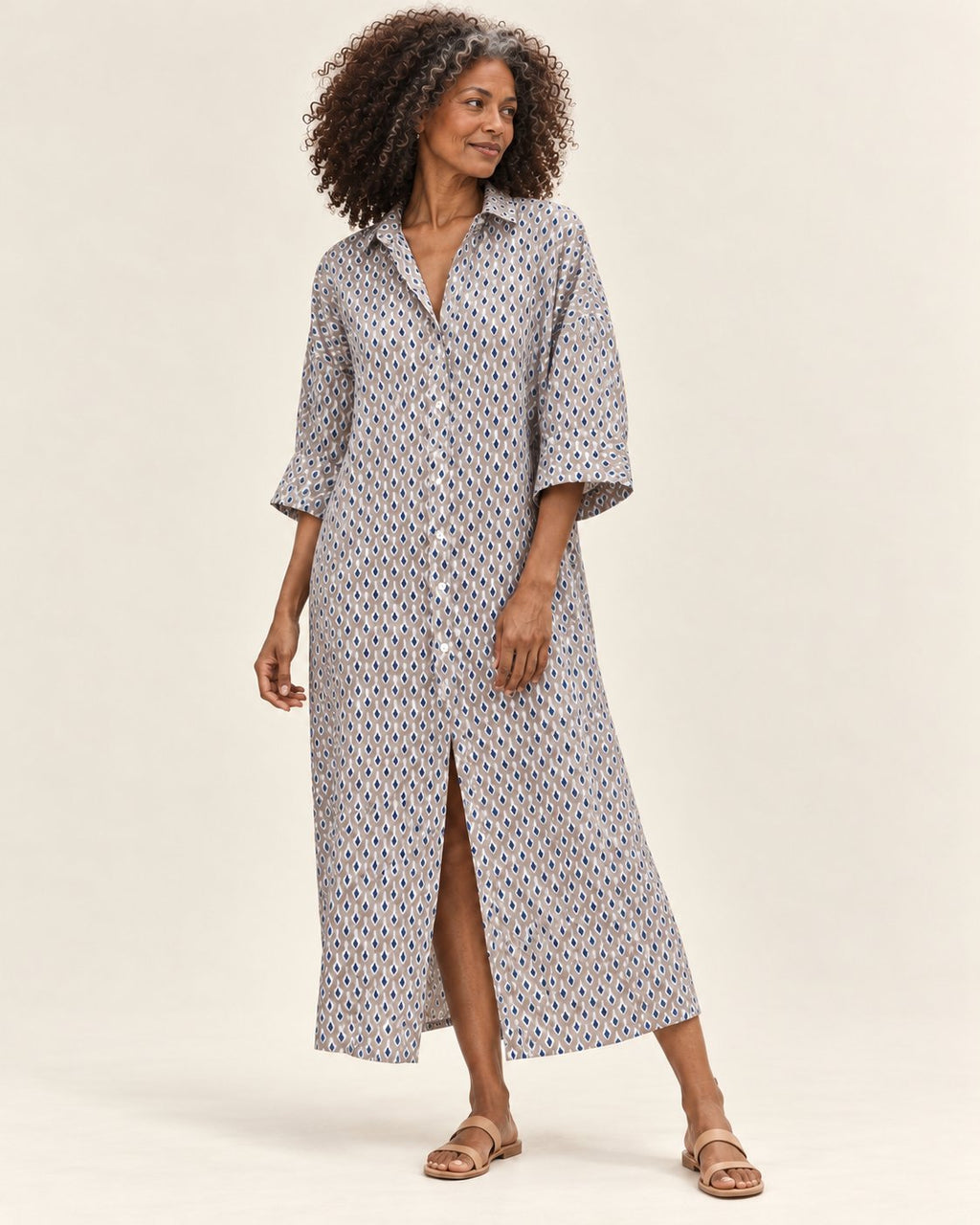 Anneliese | Langes Hemdblusenkleid mit geometrischem Muster