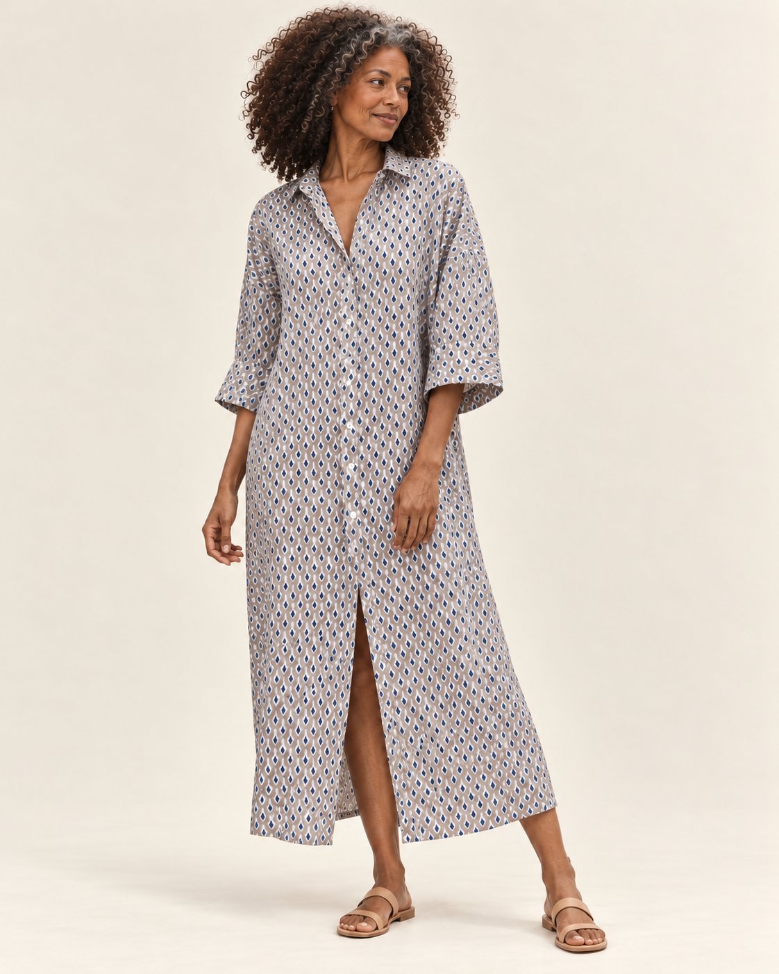 Anneliese | Langes Hemdblusenkleid mit geometrischem Muster