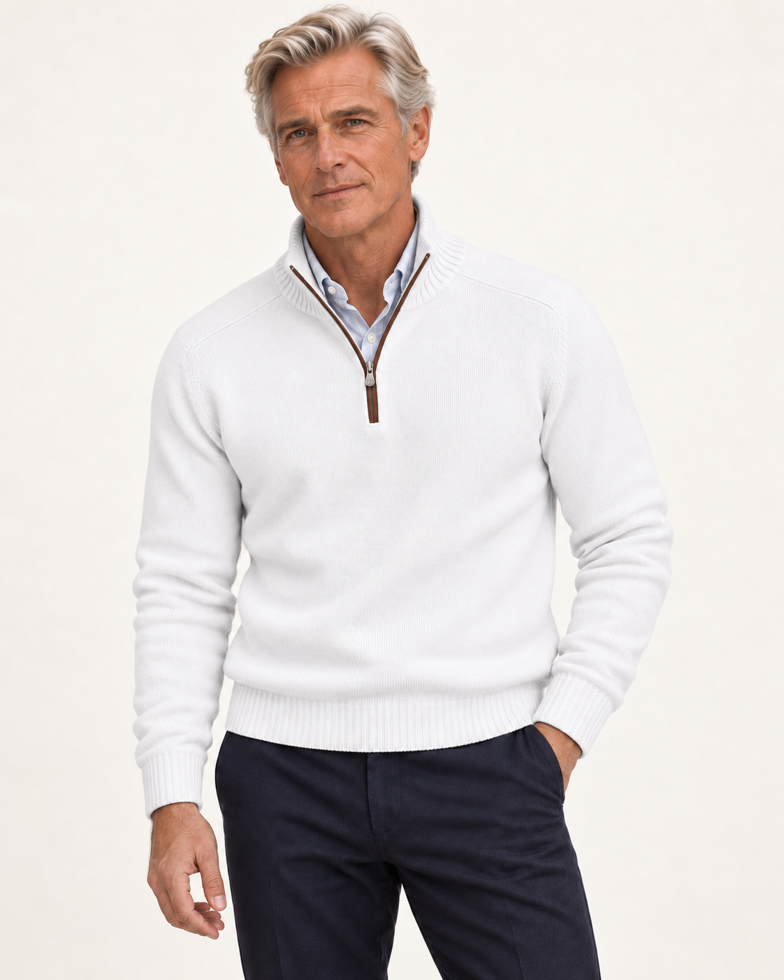 Sven – Pullover mit Reißverschlusskragen, getragen von einem älteren Valtor-Modell