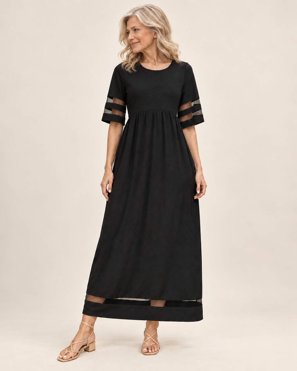 Karla | Kleid mit Rundhalsausschnitt und Netzeinsätzen – Valtor Modell F65