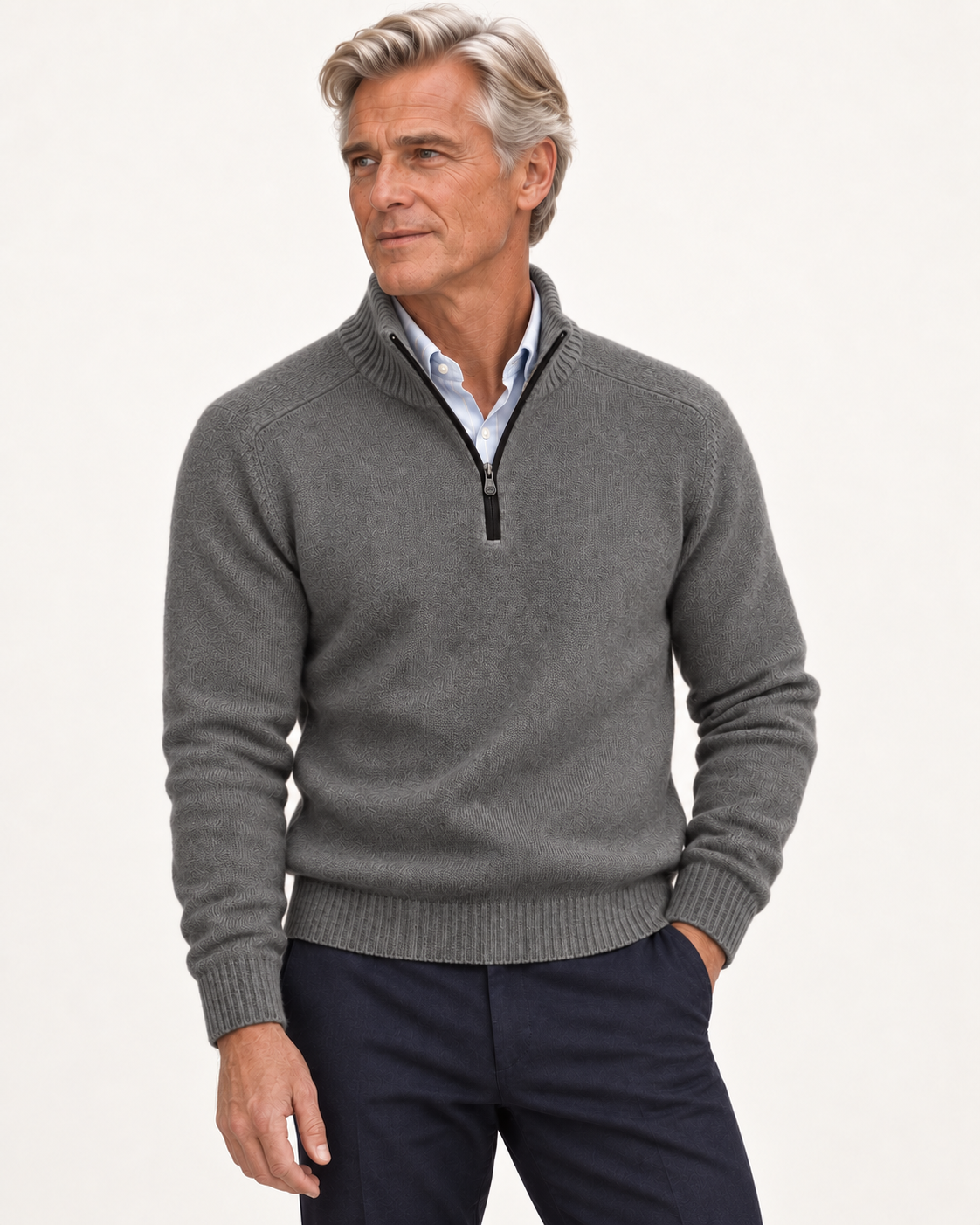 Sven – Pullover mit Reißverschlusskragen, getragen von einem älteren Valtor-Modell