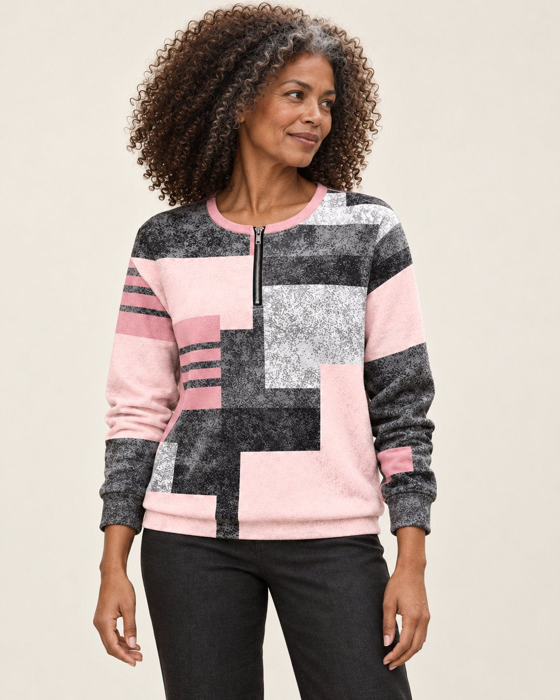 Esther | Sweatshirt mit Farbblöcken und kurzem Reißverschluss