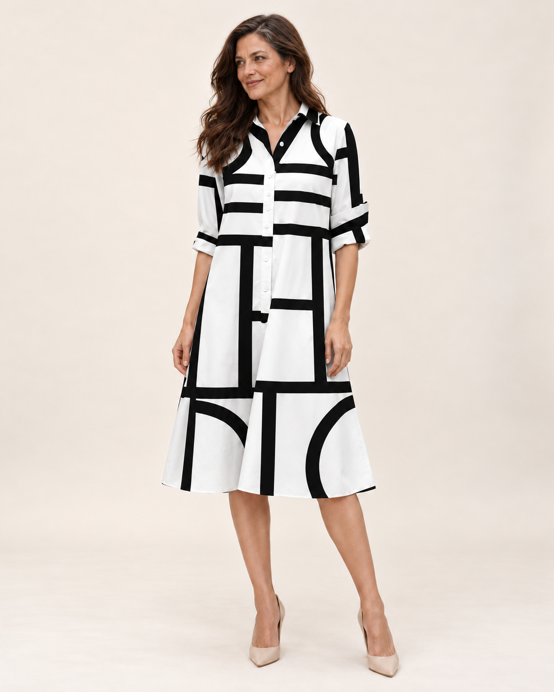 Helena | Hemdblusenkleid mit geometrischem Muster – Valtor Modell F45