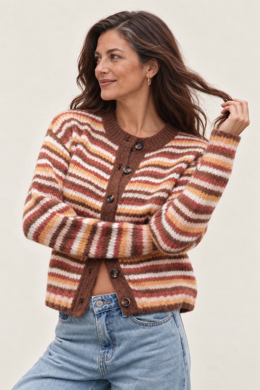Alva – gestreifte Strickjacke am Valtor-Modell