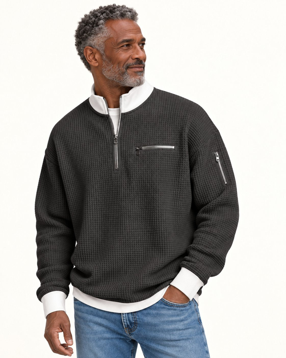 Waffelstrick-Pullover mit kurzem Reißverschluss am Valtor-Modell