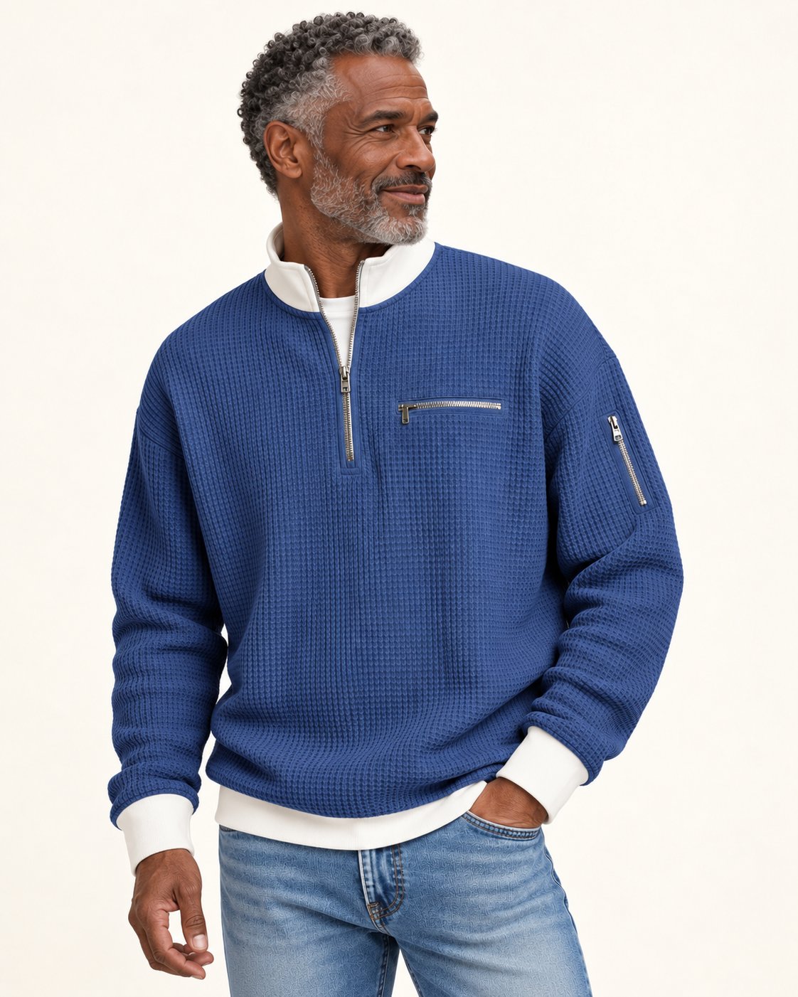 Waffelstrick-Pullover mit kurzem Reißverschluss am Valtor-Modell
