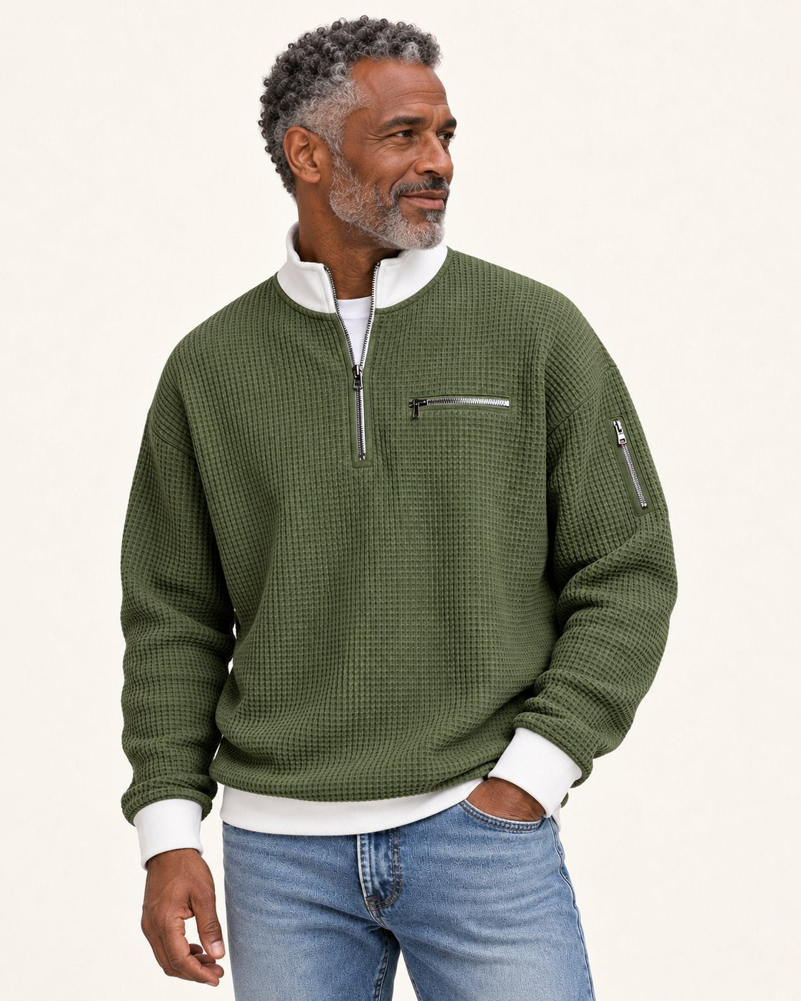 Waffelstrick-Pullover mit kurzem Reißverschluss am Valtor-Modell