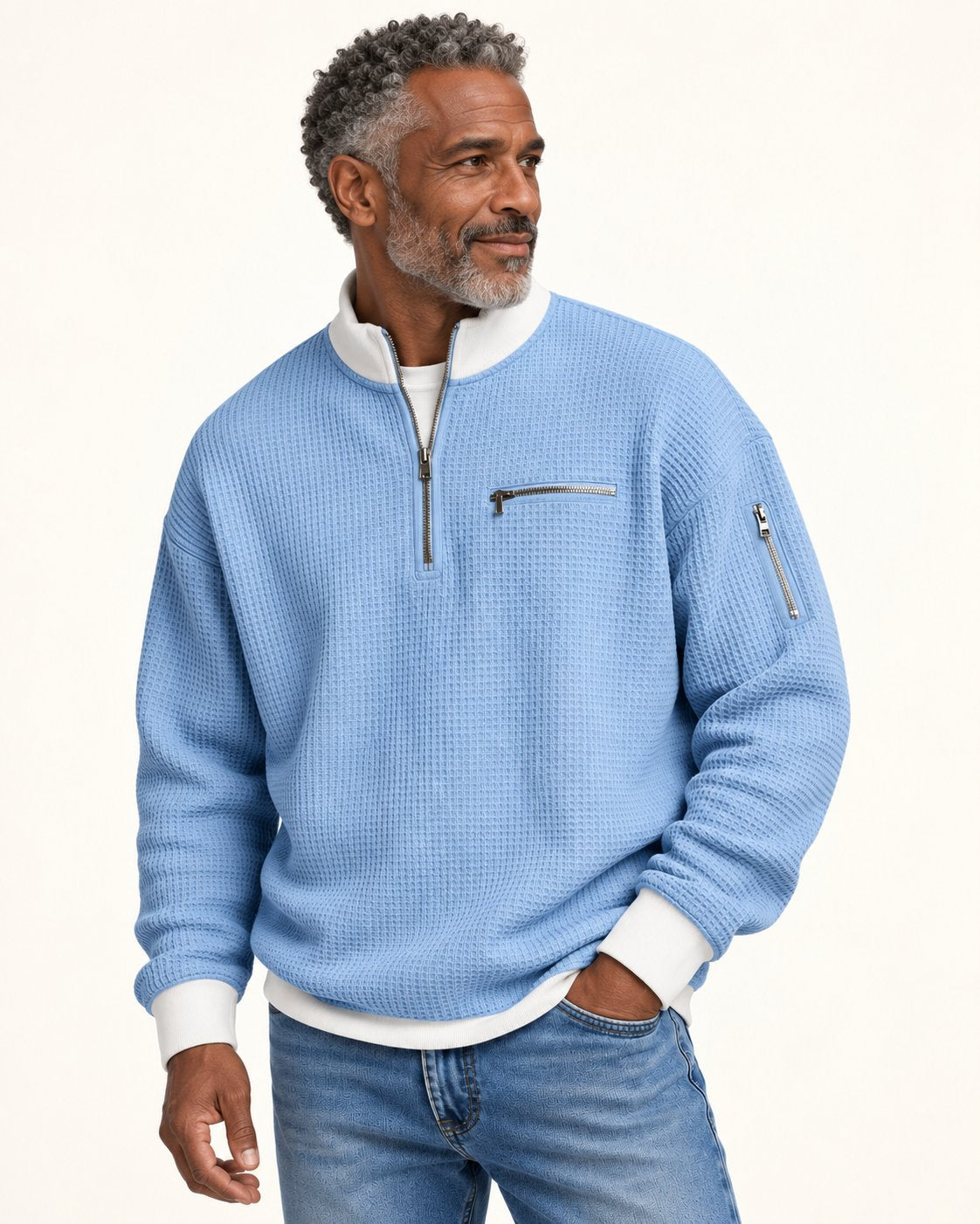 Waffelstrick-Pullover mit kurzem Reißverschluss am Valtor-Modell