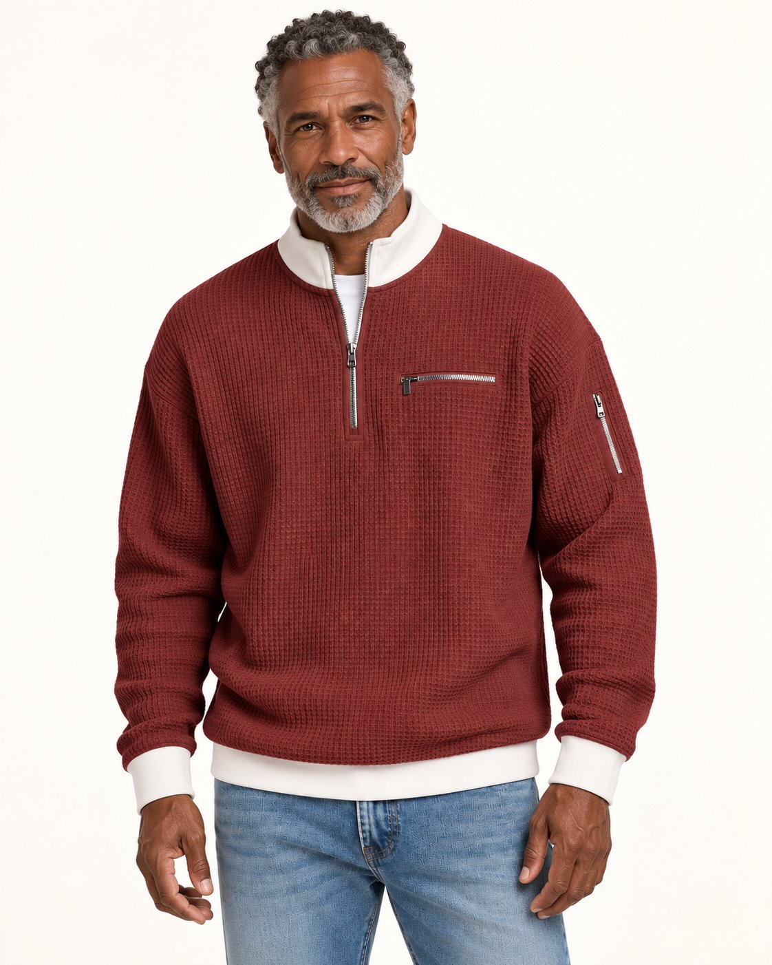 Waffelstrick-Pullover mit kurzem Reißverschluss am Valtor-Modell