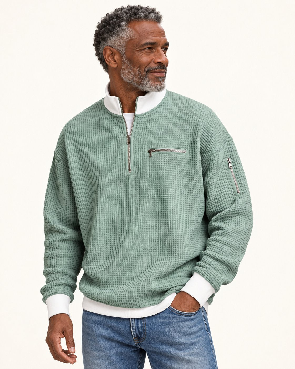 Waffelstrick-Pullover mit kurzem Reißverschluss am Valtor-Modell
