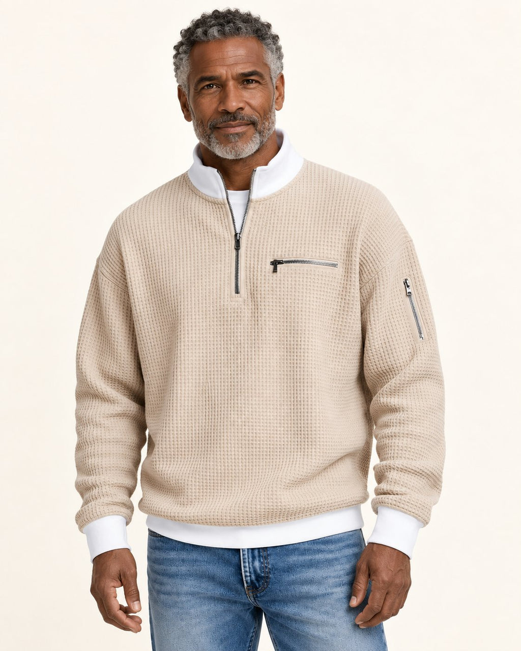 Waffelstrick-Pullover mit kurzem Reißverschluss am Valtor-Modell