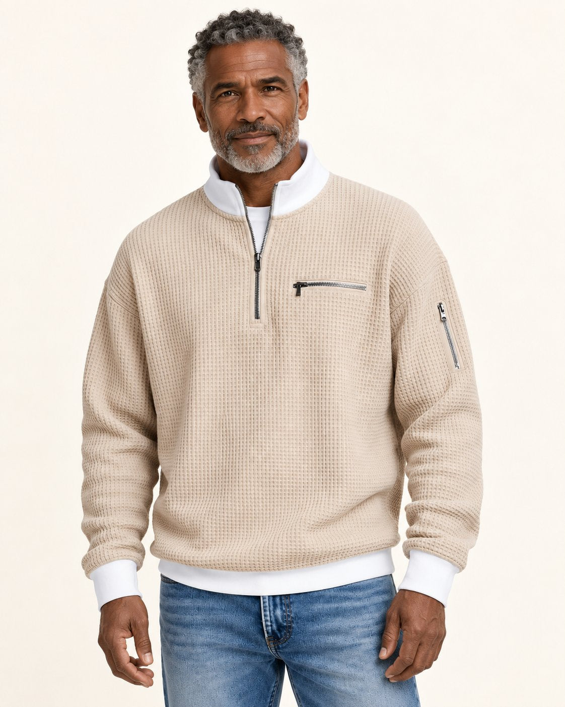 Waffelstrick-Pullover mit kurzem Reißverschluss am Valtor-Modell