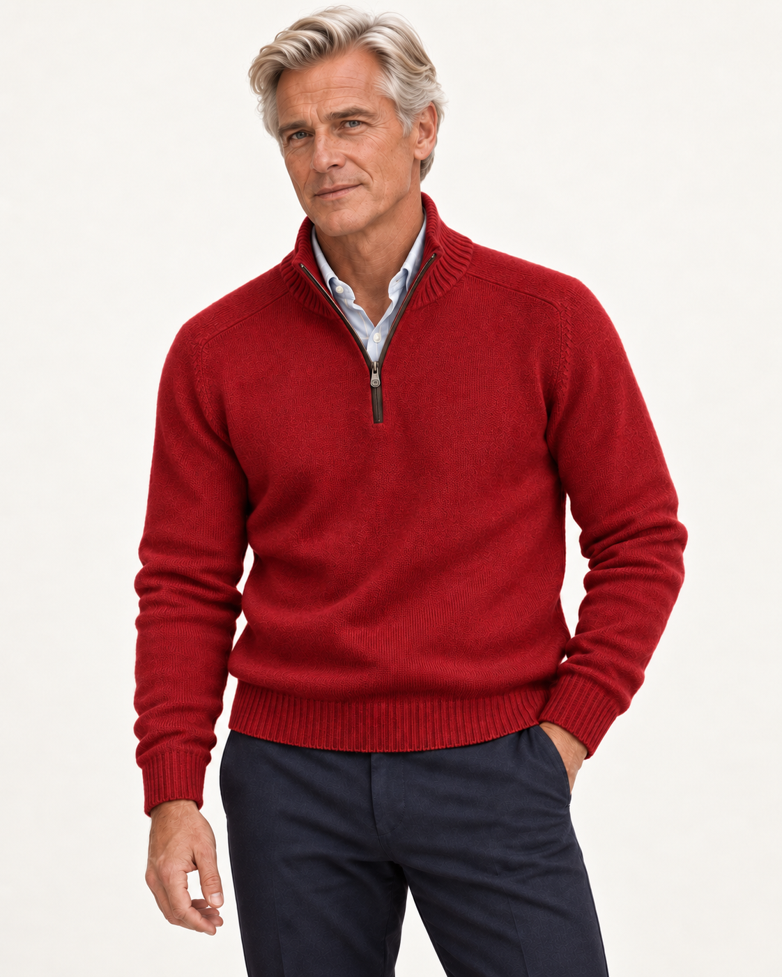 Sven – Pullover mit Reißverschlusskragen, getragen von einem älteren Valtor-Modell