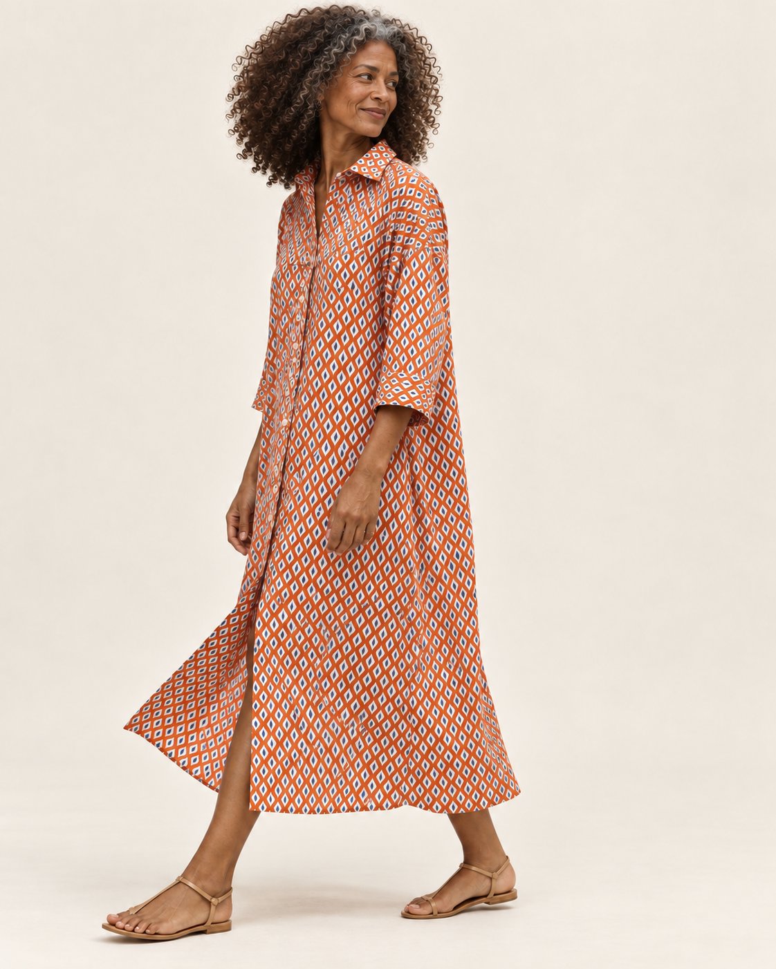 Anneliese | Langes Hemdblusenkleid mit geometrischem Muster