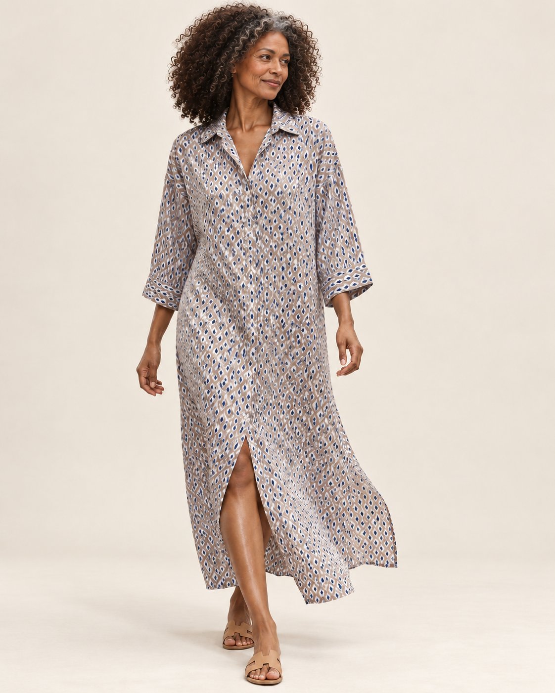 Anneliese | Langes Hemdblusenkleid mit geometrischem Muster
