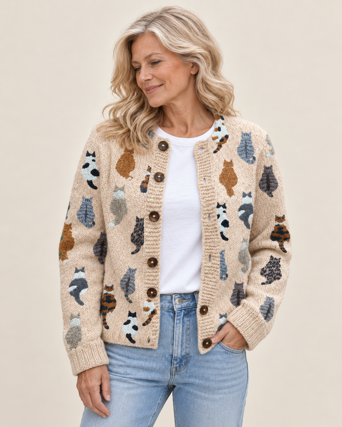 Marilyn | Strickjacke mit Katzenmuster – am Valtor-Modell