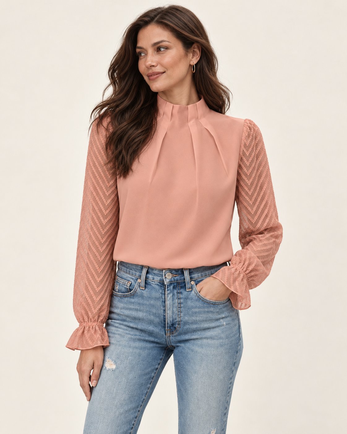 Nathalie | Bluse mit Stehkragen und transparenten Ärmeln – Produktansicht
