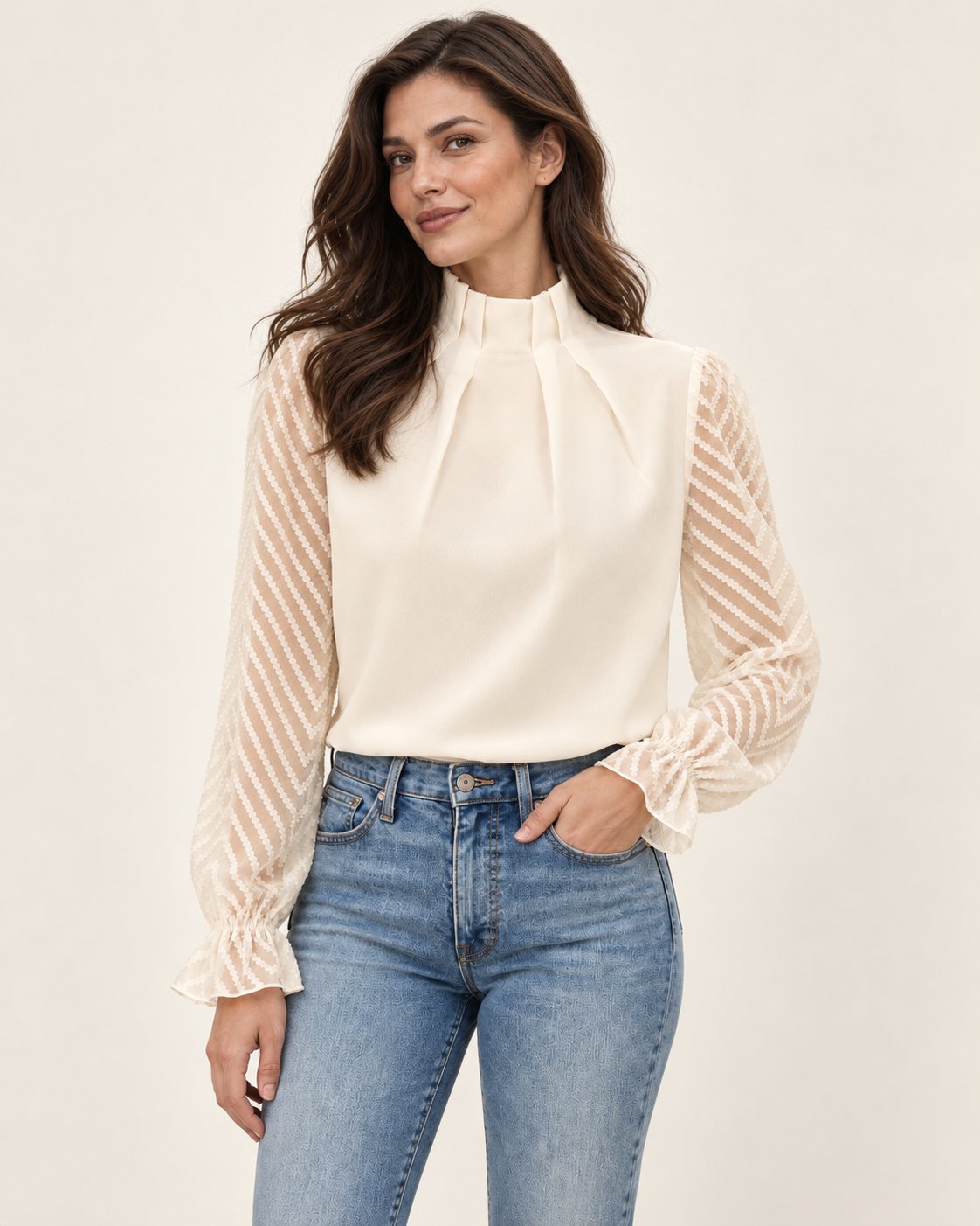 Nathalie | Bluse mit Stehkragen und transparenten Ärmeln – Produktansicht