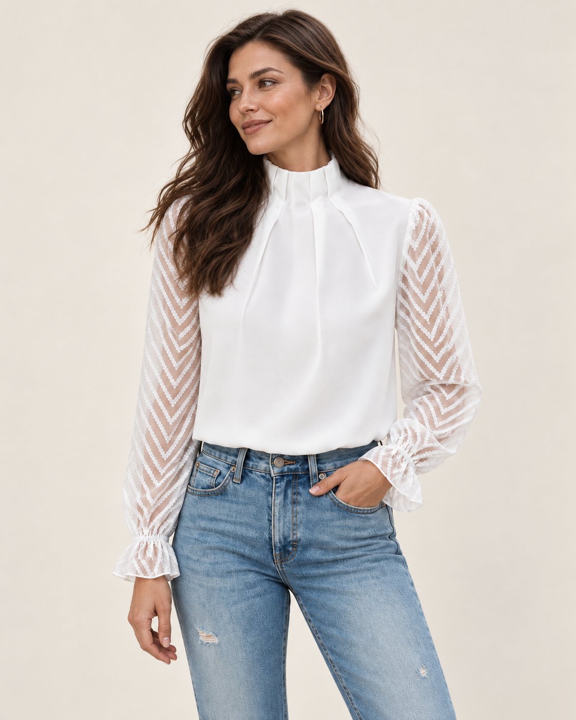 Nathalie | Bluse mit Stehkragen und transparenten Ärmeln – Produktansicht