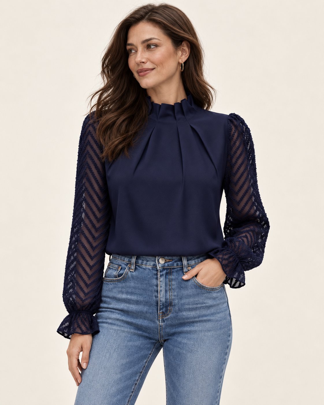 Nathalie | Bluse mit Stehkragen und transparenten Ärmeln – Produktansicht