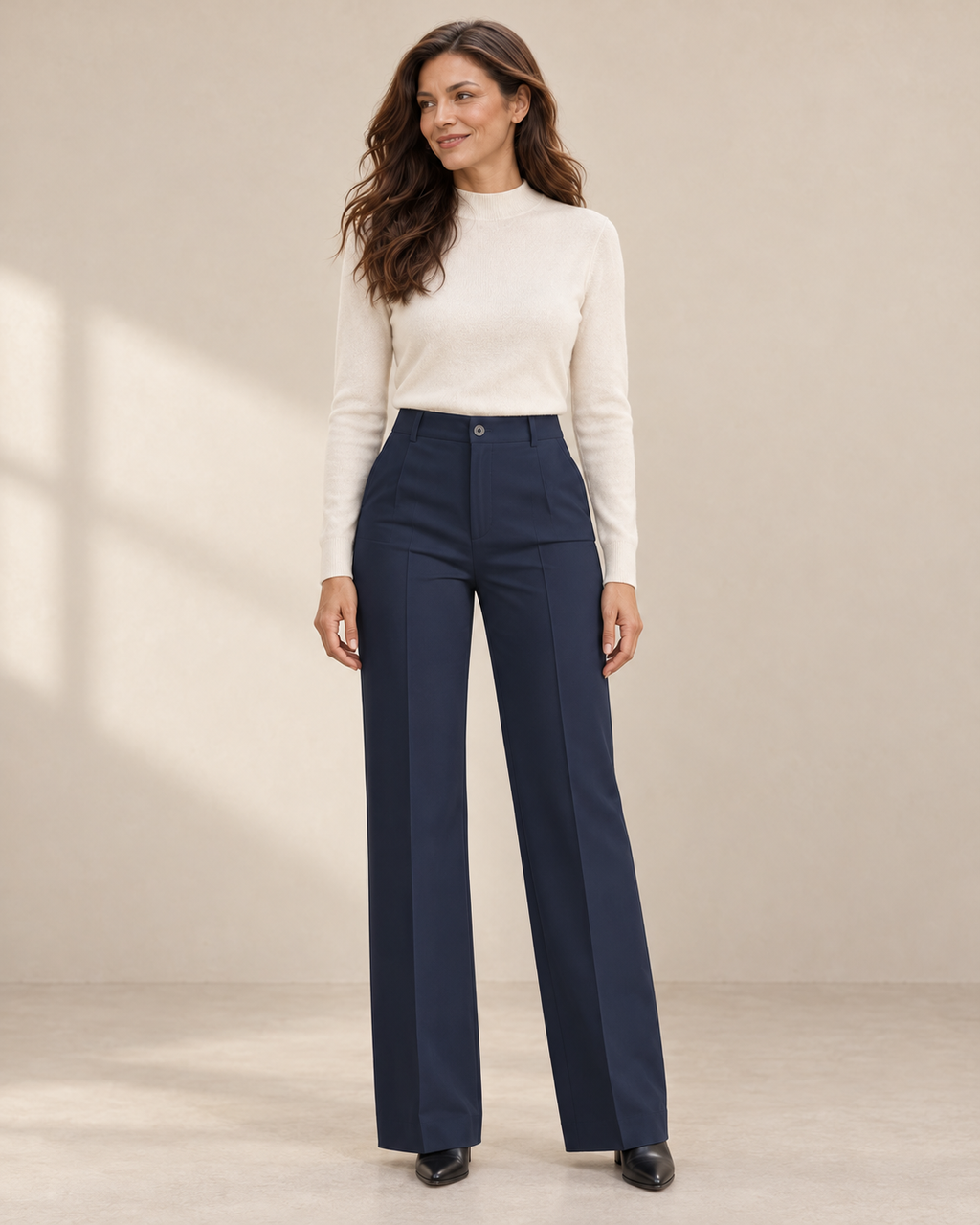 Donna Hose in Dunkelblau – Styling mit cremefarbenem Oberteil