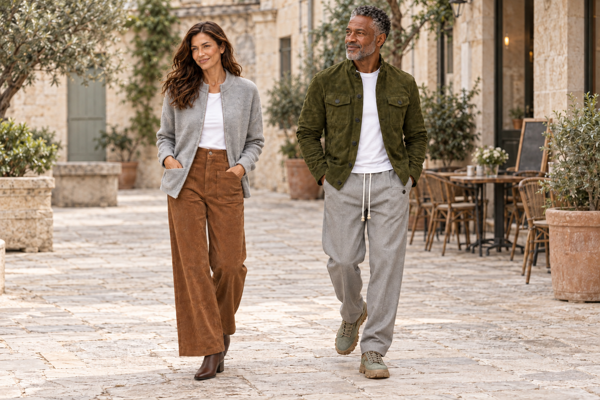 Valtor Styling-Idee: grauer Strick mit brauner Cordhose und grüne Hemdjacke mit hellgrauer Hose