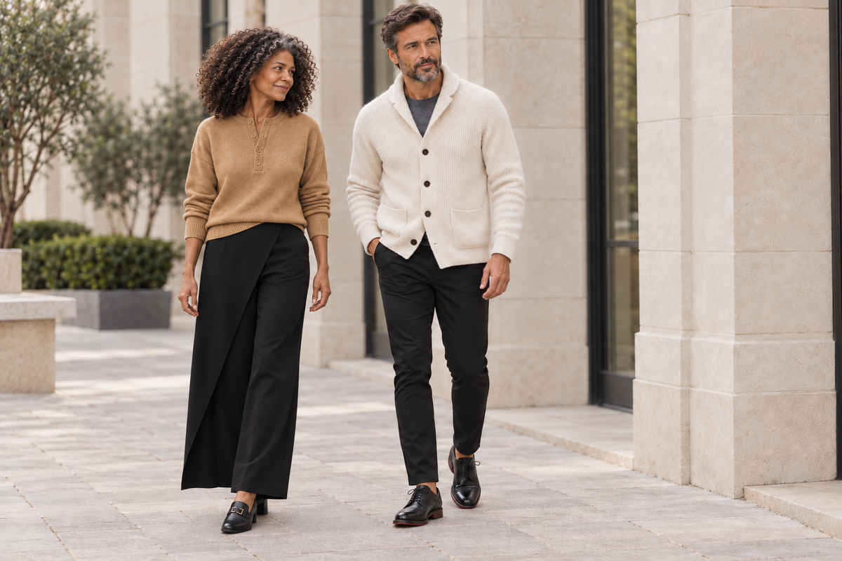 Valtor Styling-Idee fürs Büro: Camel und Schwarz, heller Cardigan und schwarze Chino