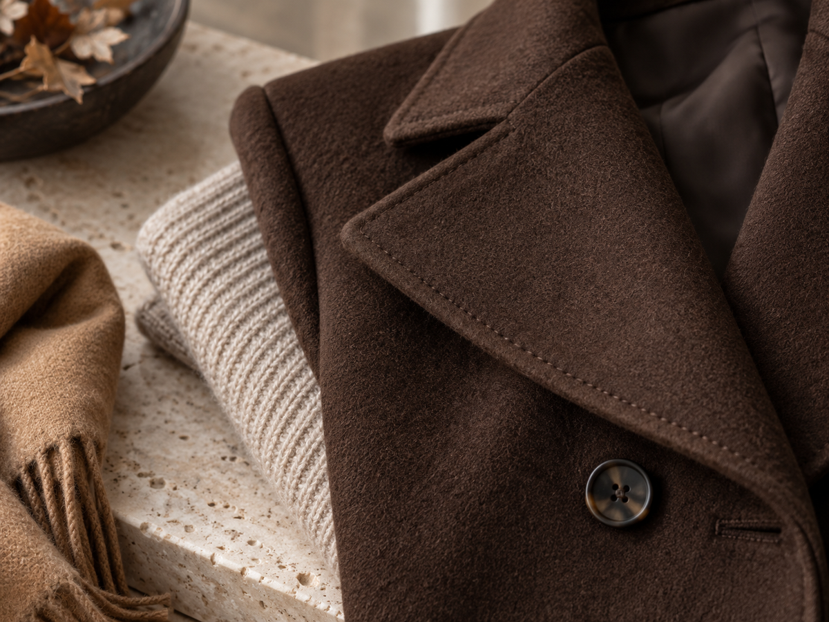 Detail einer braunen Jacke mit Strick und Schal in warmen Herbsttönen