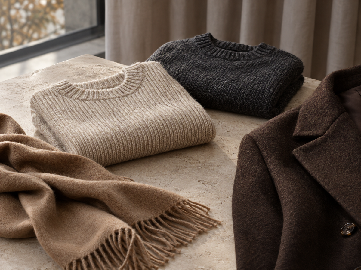 Herbstliche Strickwaren und Stoffe in Creme, Camel und Anthrazit