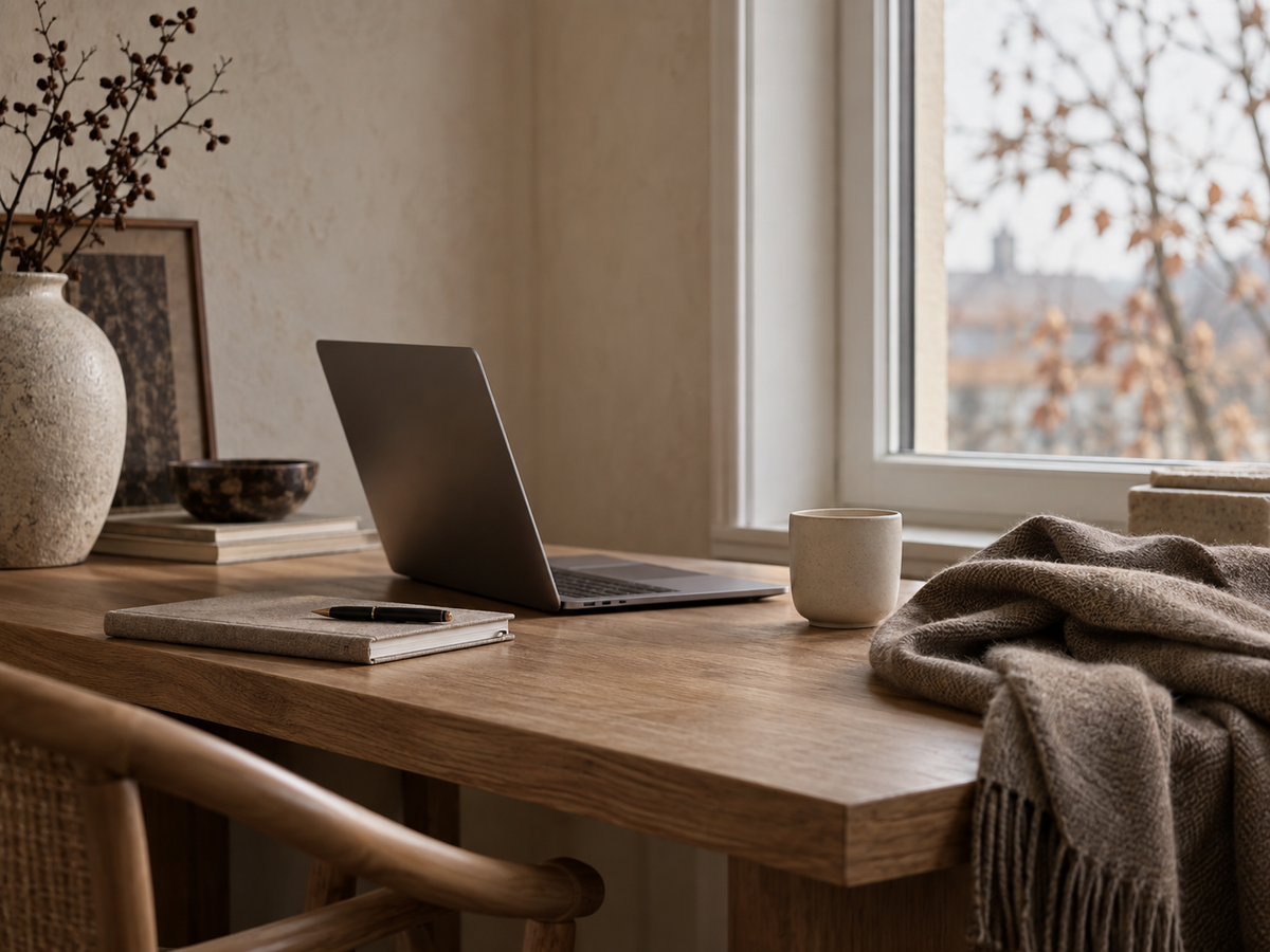 Ruhiger Arbeitsplatz mit Laptop und warmen Herbsttönen
