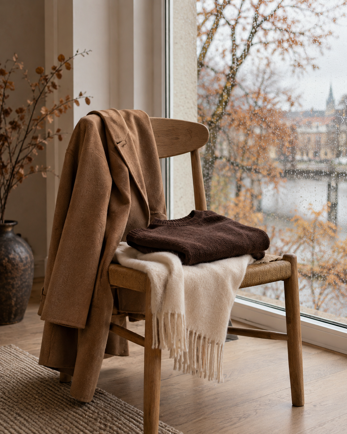Herbstliche Kleiderinspiration mit Mantel, Strick und Schal am Fenster