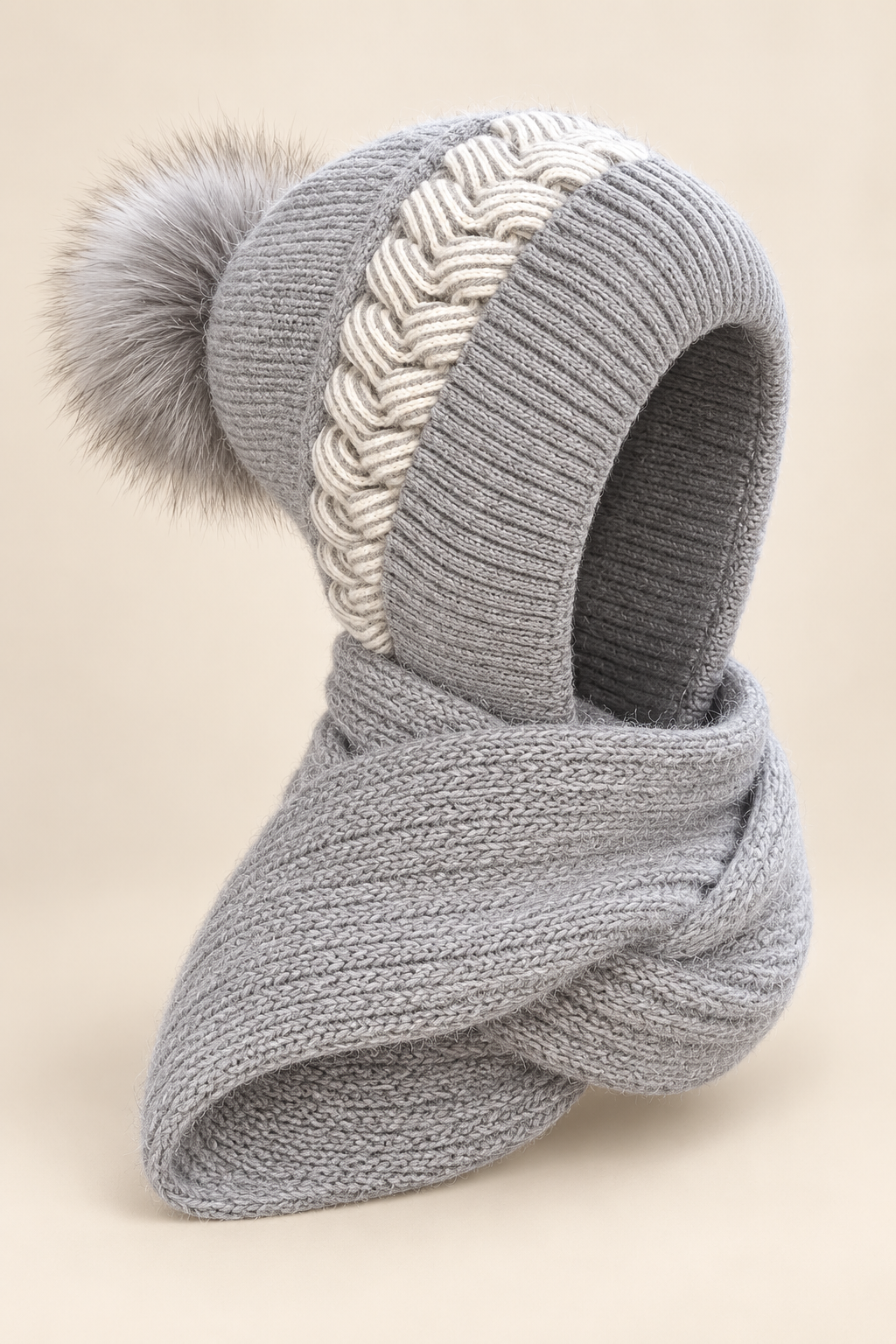 Wilma | Strickkapuze mit Schal in Grau