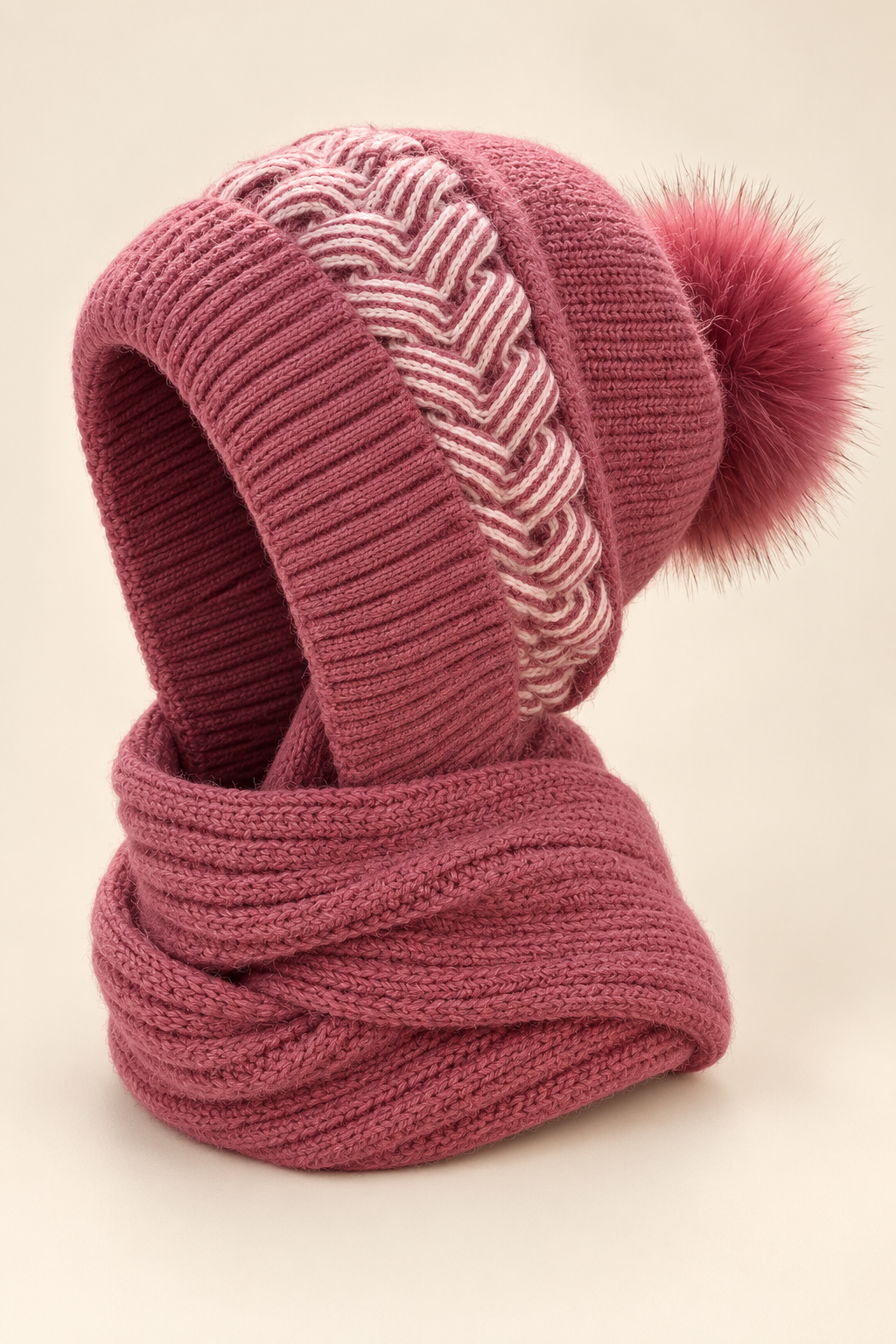 Wilma | Strickkapuze mit Schal in Rosenrot
