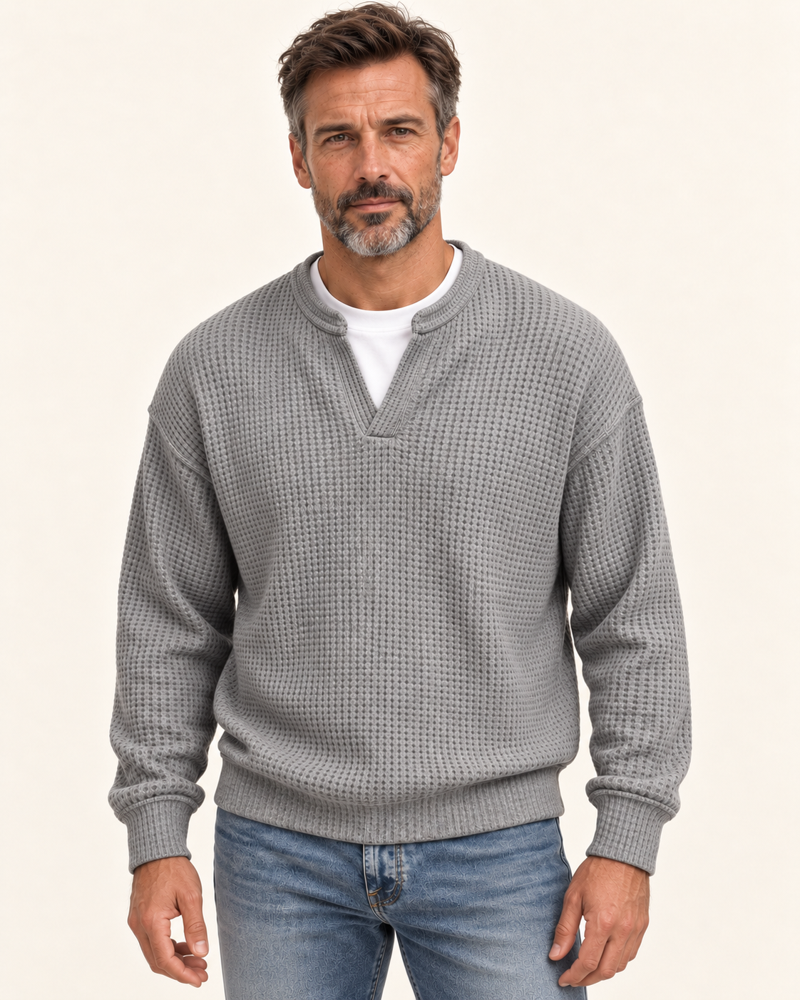 Waffelstruktur-Langarmshirt – Produktansicht am Valtor-Modell